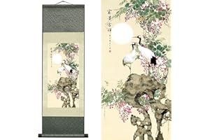 Newscz Asian Wall Art Vertical Mural for Living Room Silk Scroll Painting Art Poster White Crane - Red Crowned Crane Oriental Decor Wall Ready to Hanger Wall Scroll 36 by 12 in