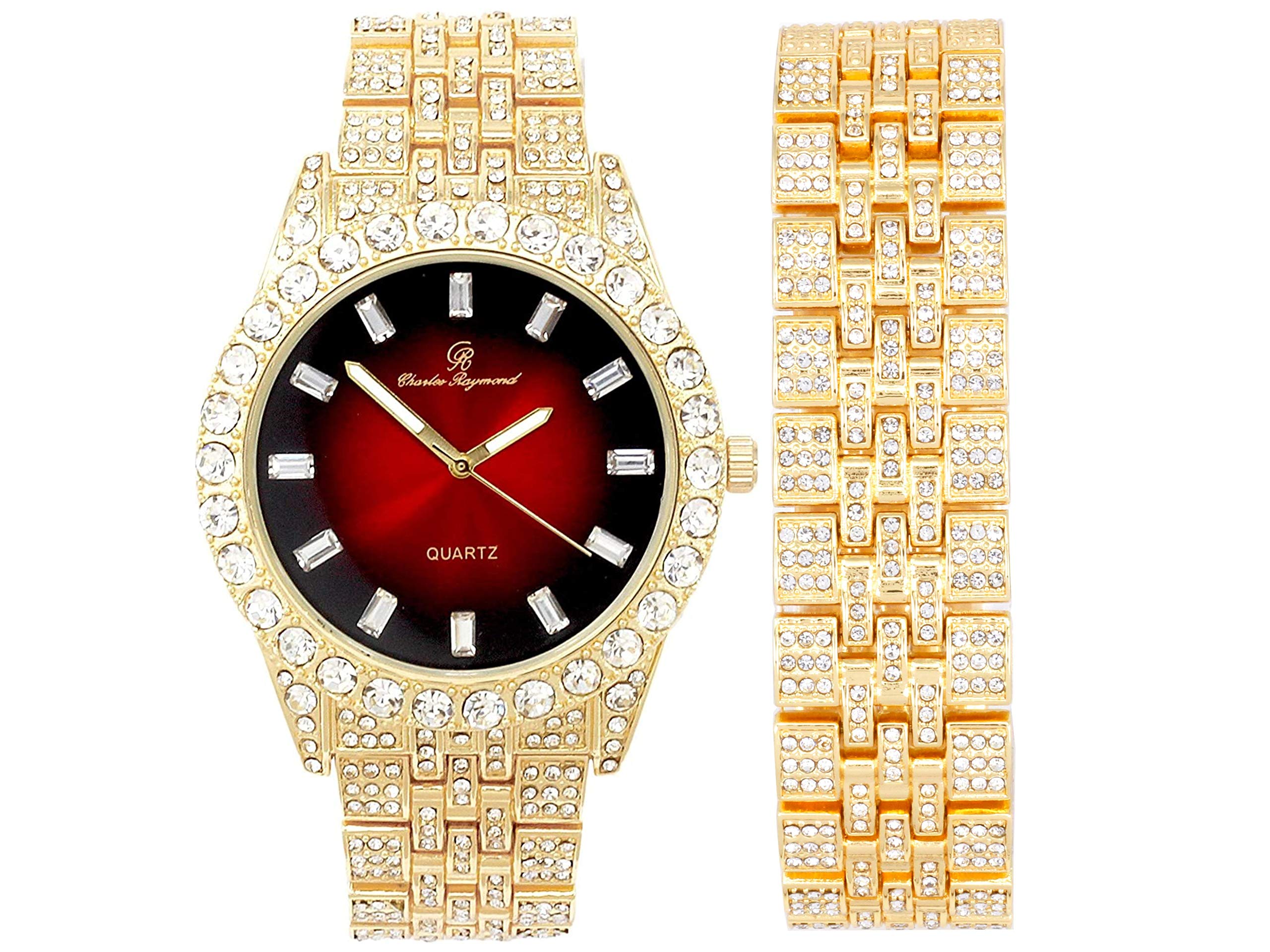 Iced Mens Single Watch or Watch w/Matching Rolly or Cuban Hip Hop Bracelet - Your Choice! - Big Rhinestones on Trim and Elegant Baguette Time Indicators on Dial - Master Bling Designer - ST10226B