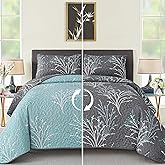 DJY King Size Quilt Set Grey Blue Reversible Bedspread Coverlet Set 3 Piece, Branch Floral Lightweight Microfiber Botanical Quilted Bedding Set with Pillowcases for All Season (110''x90'')