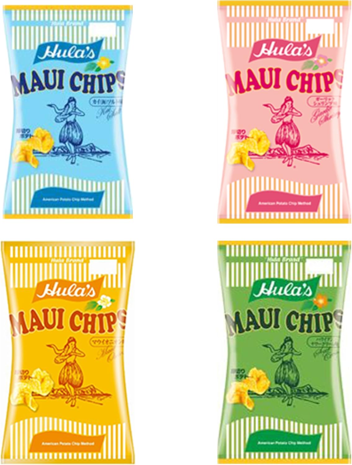 Amazon フラ印 マウイチップス 4種入り マウイオニオン カイソルト ハワイアンサワークリーム ガーリックシュリンプ ハワイ ポテトチップス フラ印 スナック菓子 通販