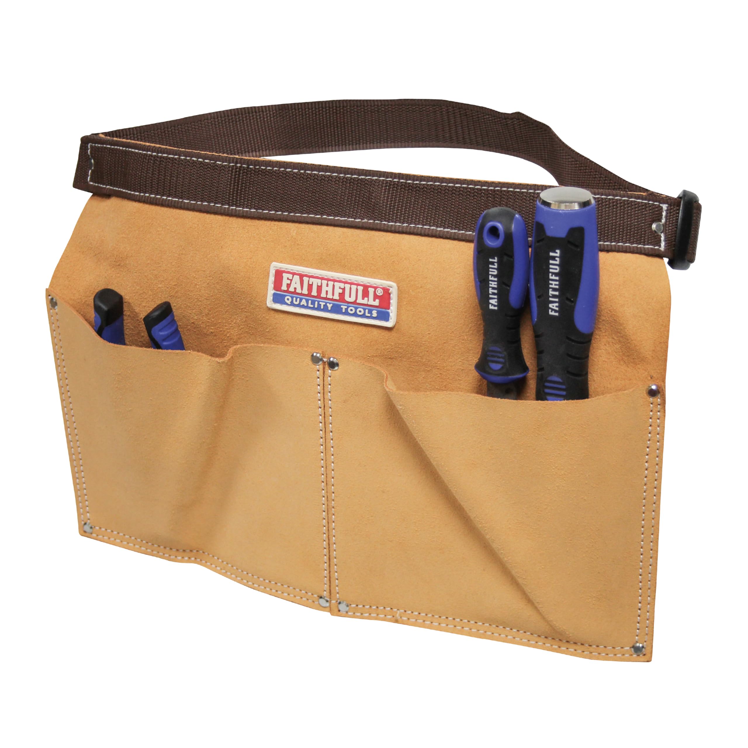 Faithfull Suede Leather Double Pocket Nail Pouch – Tool Belt with Hammer Loop & Adjustable Webbing Belt for Carpenters, Roofers & Joiners – Tan