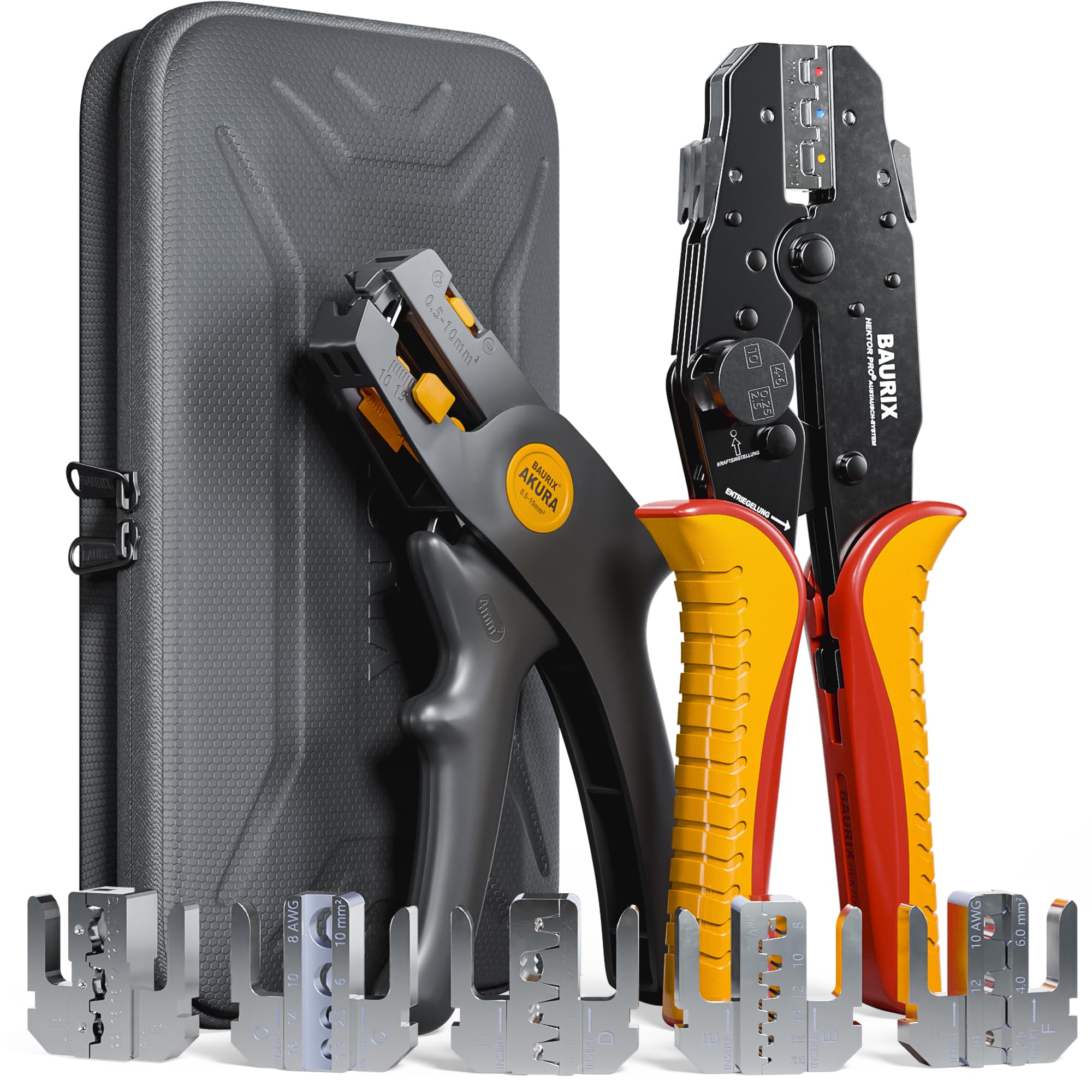 BAURIX® Crimping Pliers Set for Cable lugs, Heat-Shrink tubing, Wire end ferrules, Interchangeable Jaws, Wire Strippers