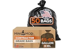MINI N MOD Contractor Garbage Bags 55 Gallon Heavy Duty | 50 Count | 3 Mil Construction Bags Heavy Duty with Ties | 55 Gallon Trash Bag Heavy Duty for Contractors