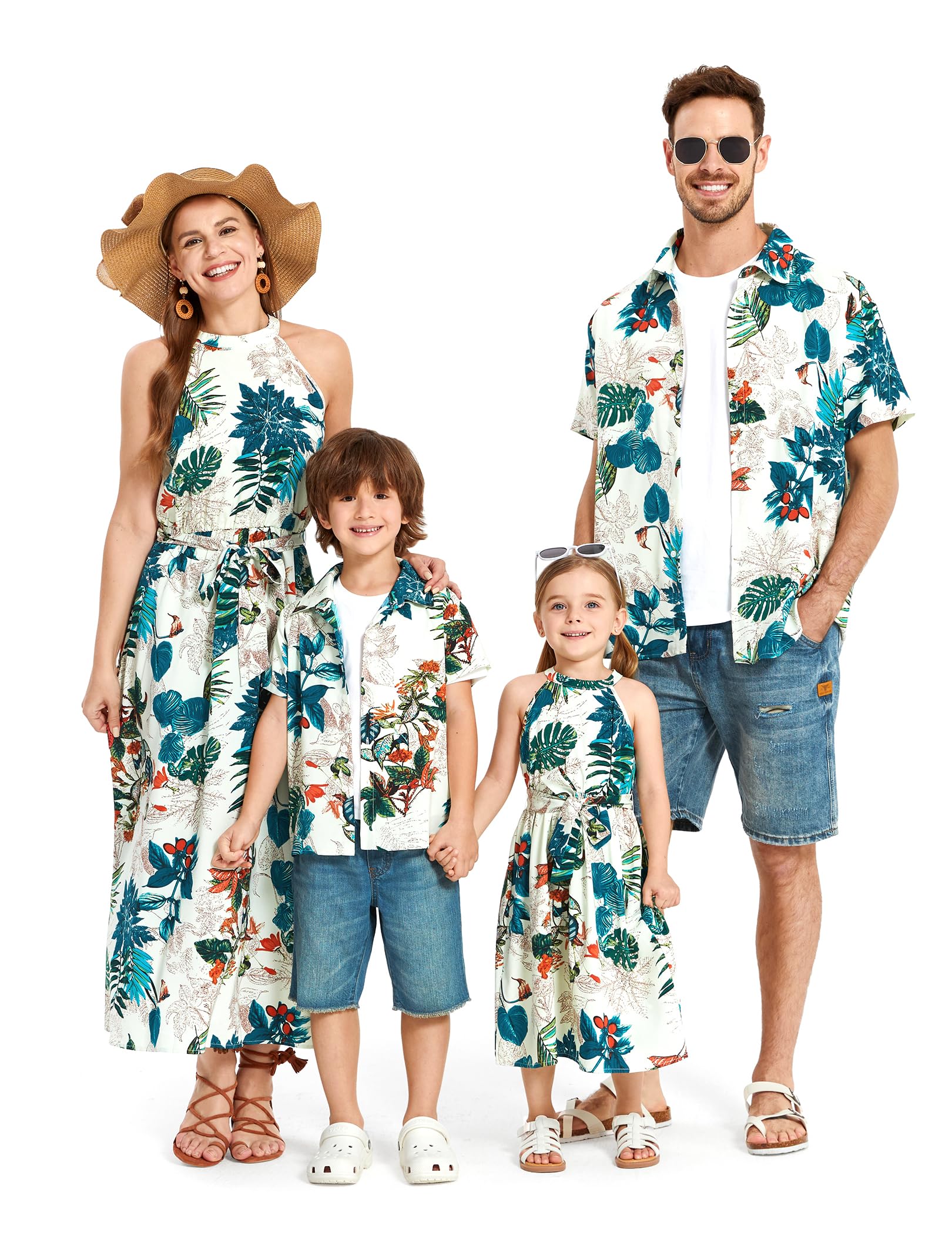 Photo 1 of PATPAT Family Matching Hawaiian Outfits - Mommy and Me Dresses Set, Tropical Palm Leaf Print Halter Neck Sundress, Beach White Green Leaf Hawaiian Dress for Women S