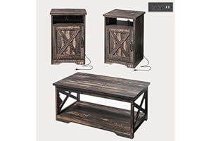 Jocisland 3-Piece Farmhouse Table Set Includes Coffee Table& Two End Tables, Side Table with Charging Station and USB Ports, 