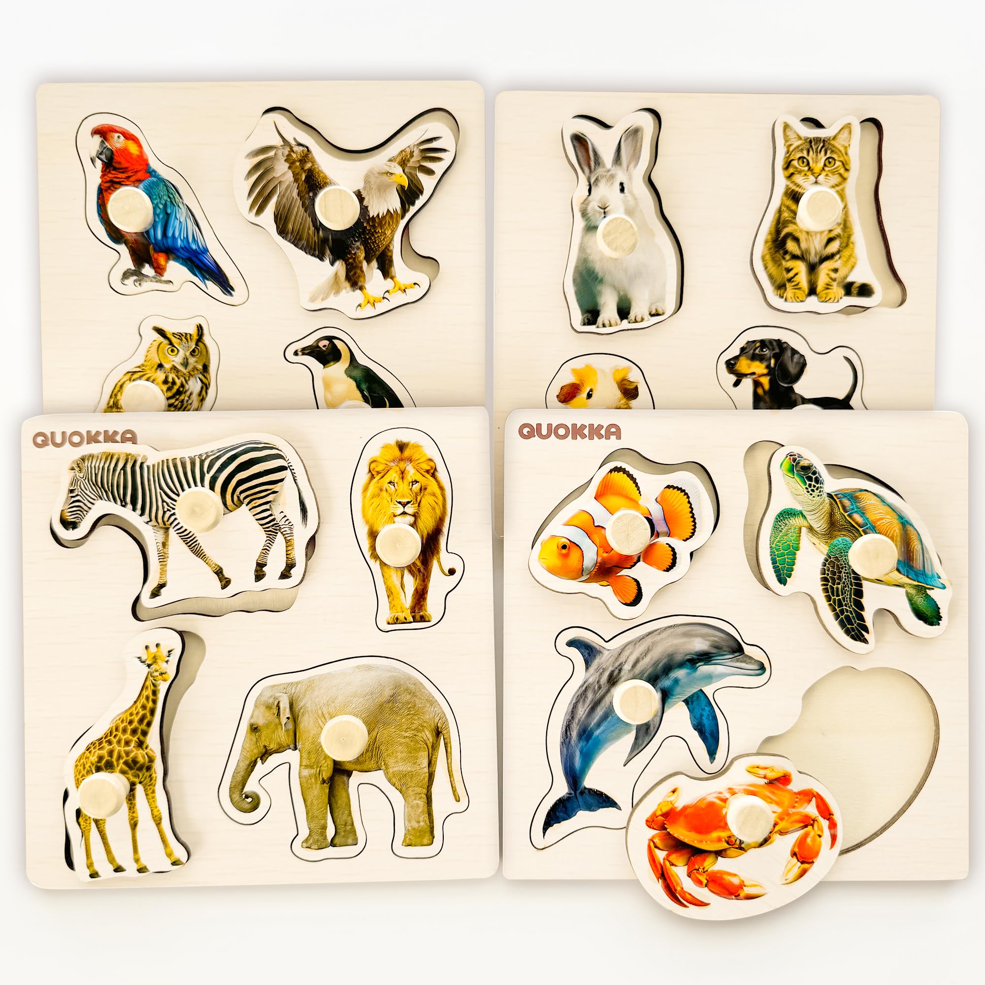 QUOKKA Wooden Puzzles for 1 2 3 Years Old – 4 Set Educational Peg Jigsaw Puzzles for Kids – Realistic Animal Learning Toys – Gift Game for Toddler Boy and Girl