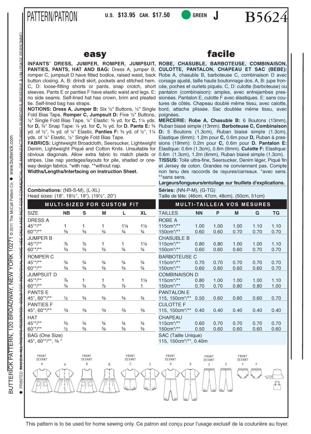 BUTTERICK PATTERNS B5624 Infants' Dress, Jumper, Romper, Jumpsuit, Panties, Hat and Bag, Size NB0 (NB-S-M)