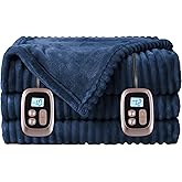 LaffyLo Electric Heated Blanket Queen Size - 84"x90", Soft Flannel Heating Blanket, 10 Heating Levels, 1-12 H Auto Shut Off, Dual Controllers, Breathable Warm and Washable for Bed, Navy Blue