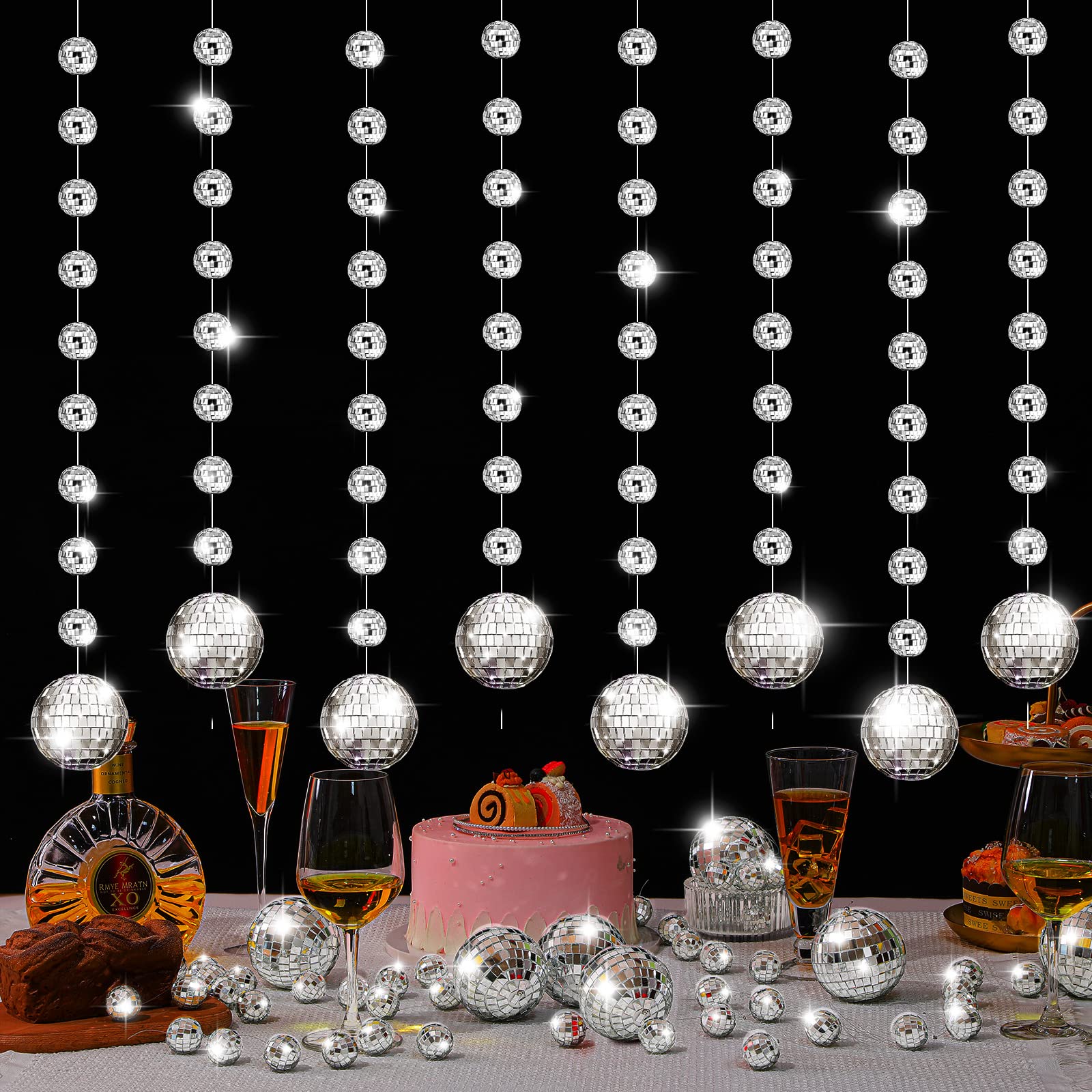 Photo 1 of Sumind 8 Pack Disco Party Decorations Mini Disco Ball Garlands Silver Mirror Ball Hanging Banner Silver Streamer Curtains for Birthday Wedding Christmas Party Backdrop Supplies(1 Inch, 3 Inch)