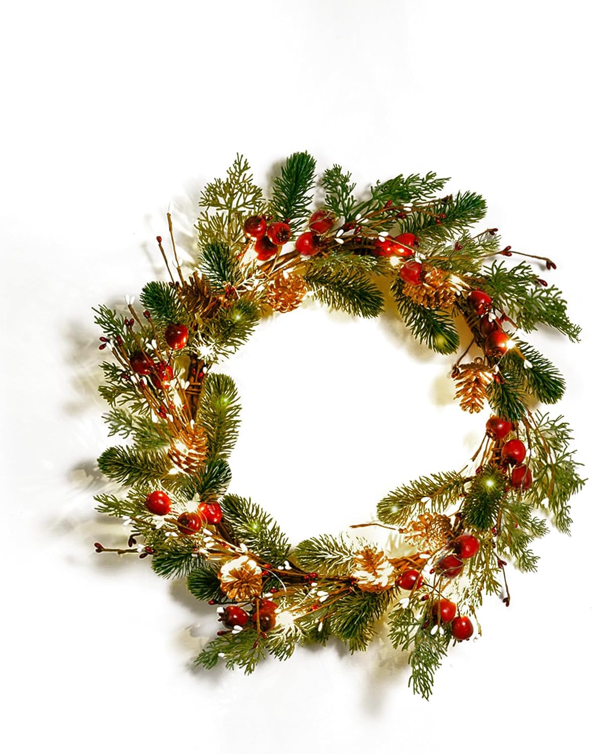 Wreaths, Garlands & Swags - DN DECONATION Christmas Wreath with Lights Frosted Green and Red Wreath with Berry Pine Cone Artificial Battery Operated Wreath for Outside Front Door Indoor Decor Winter 20 Inches