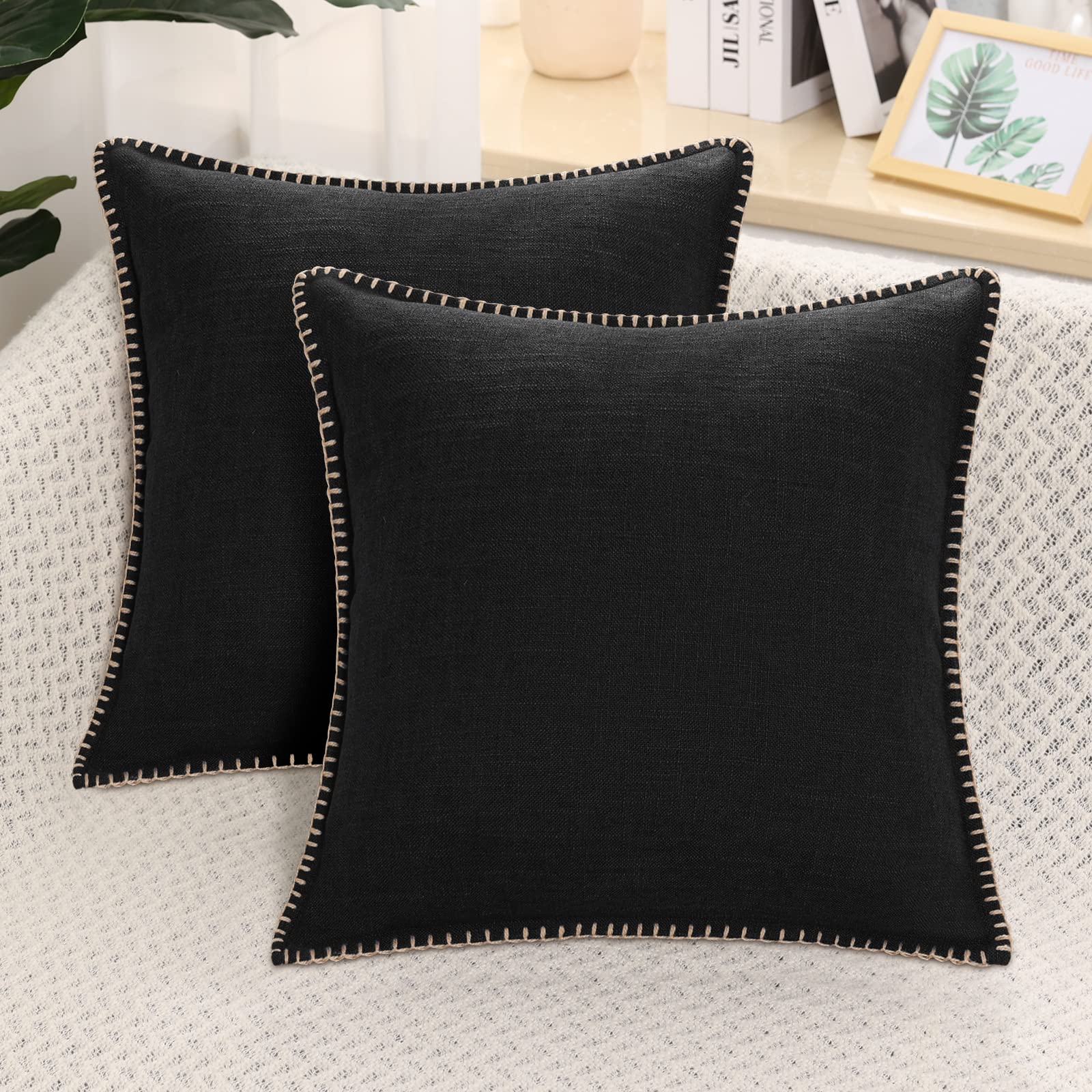 decorUhome Set of 2 Linen Cushion Covers 40X40cm,Decorative Outdoor Plain Vintage Cushion Covers with Stitched Edges, Square Farmhouse Neutral Pillow case 16x16 Inch for Sofa, Black