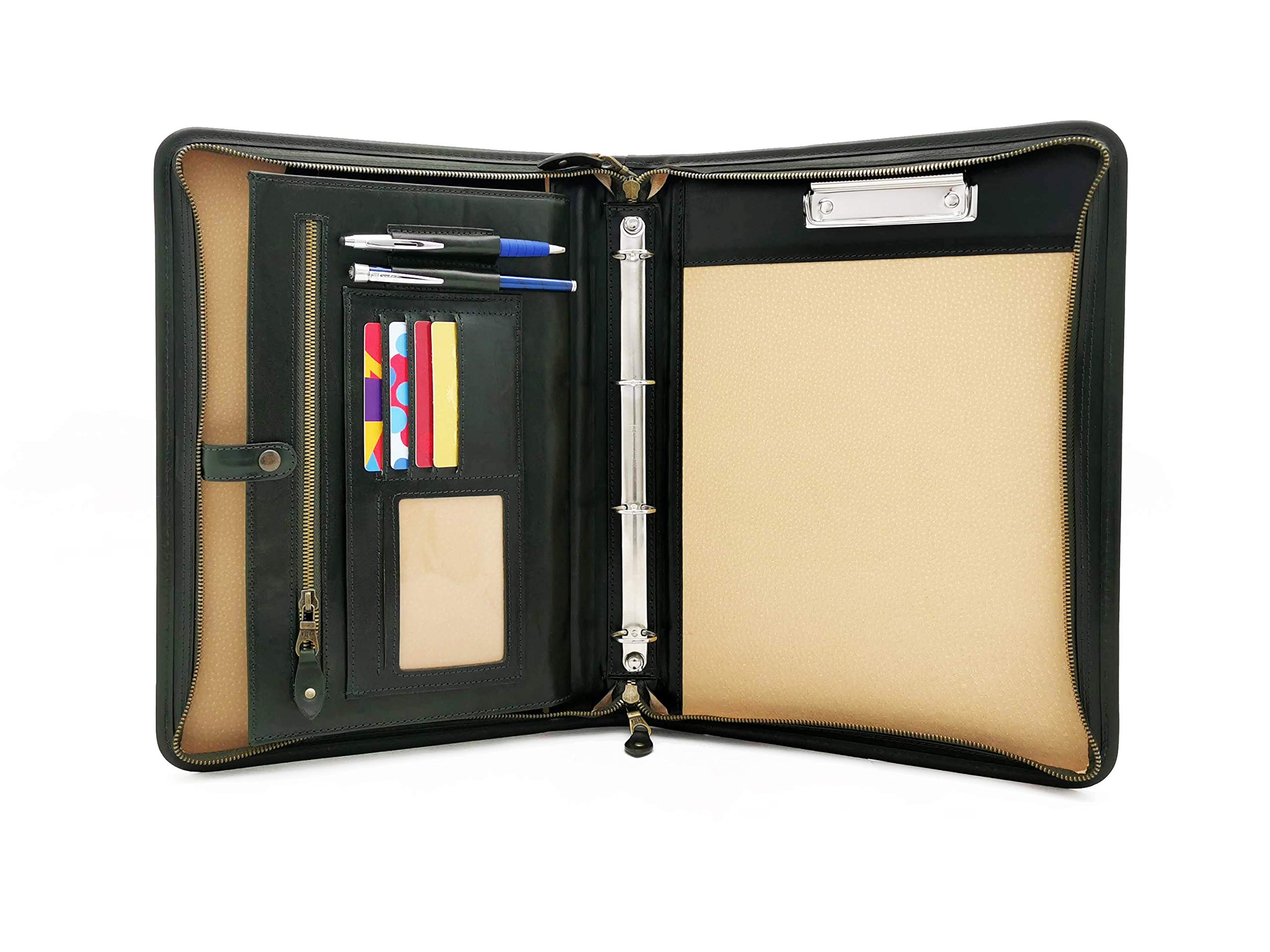 Conference Folder A4,Italian Leather Folder,Ring Binder A4,Clipboard with Handle (Green)
