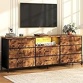 Loomie 63 Inch Dresser for Bedroom, Wide Long Fabric Dresser with LED Lights & 8 Drawers, Large TV Stand for 55, 65, 70 Inch TV, Entertainment Center with Storage (Rustic Brown)