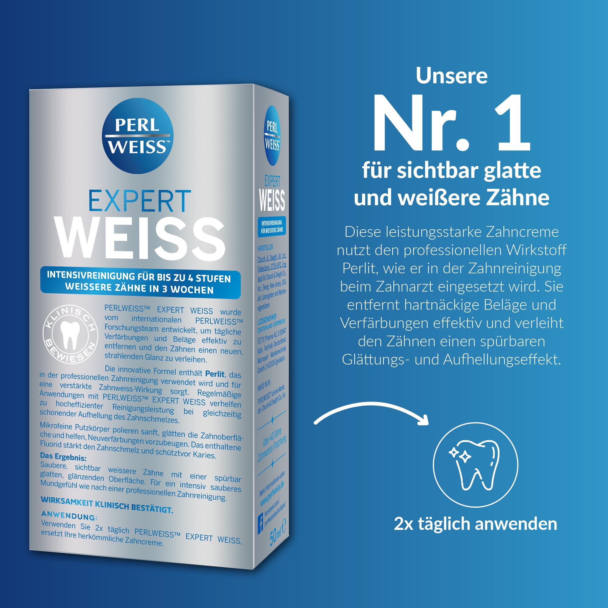 PERLWEISS Expert Weiss Zahncreme – Bis zu 4 Stufen weißere Zähne in 3 Wochen – Zahnpasta für weiße Zähne wie beim Zahnarzt – zahnschmelzschonende Zahnaufhellung & Glanzpflege mit Perlit 5