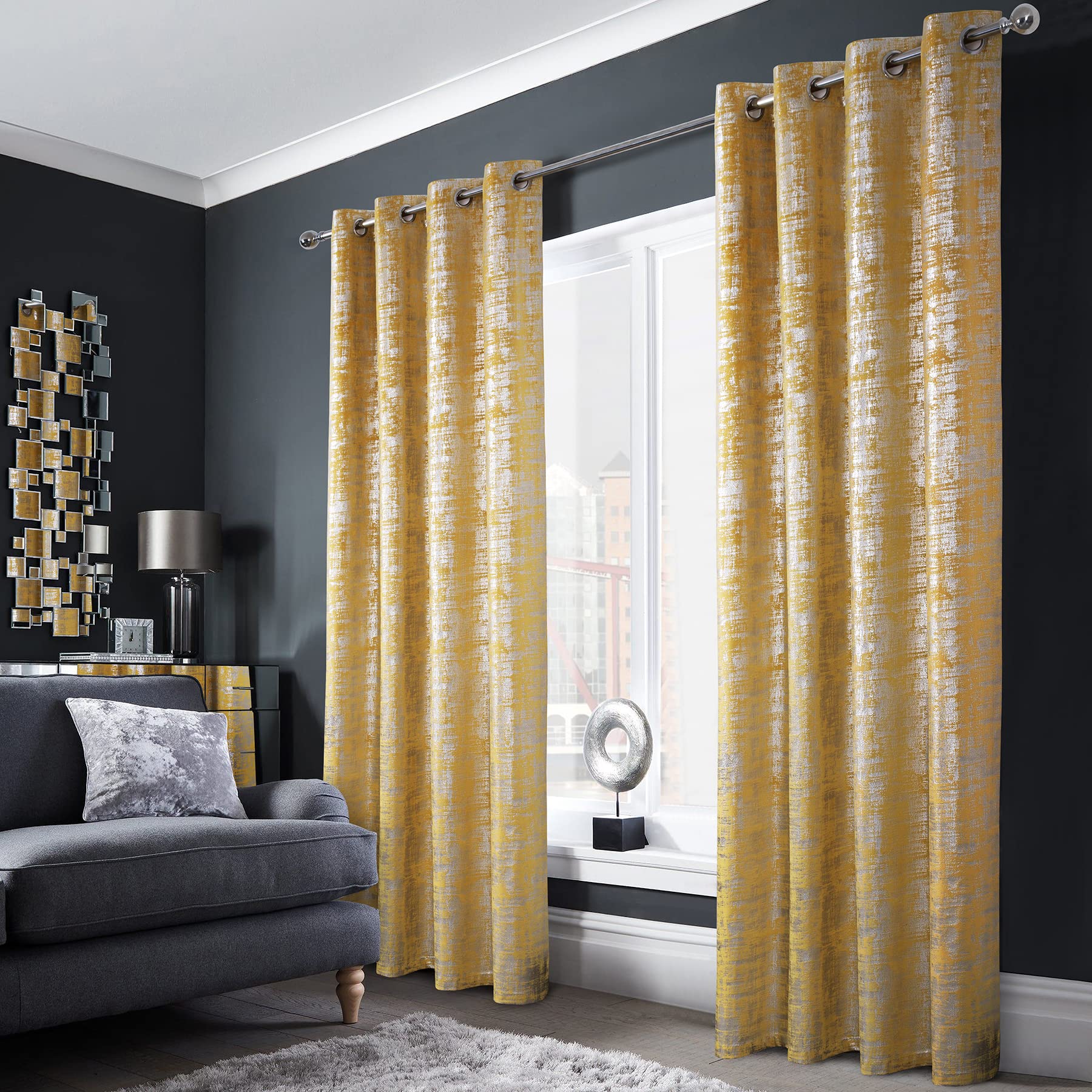 always4u Soft Velvet Curtains 100% Blackout for Window for Bedroom Thermal Silver Foil Printed Shining Luxury Window Treatment Drapes for Living Room 1 Pair Yellow 66 * 72