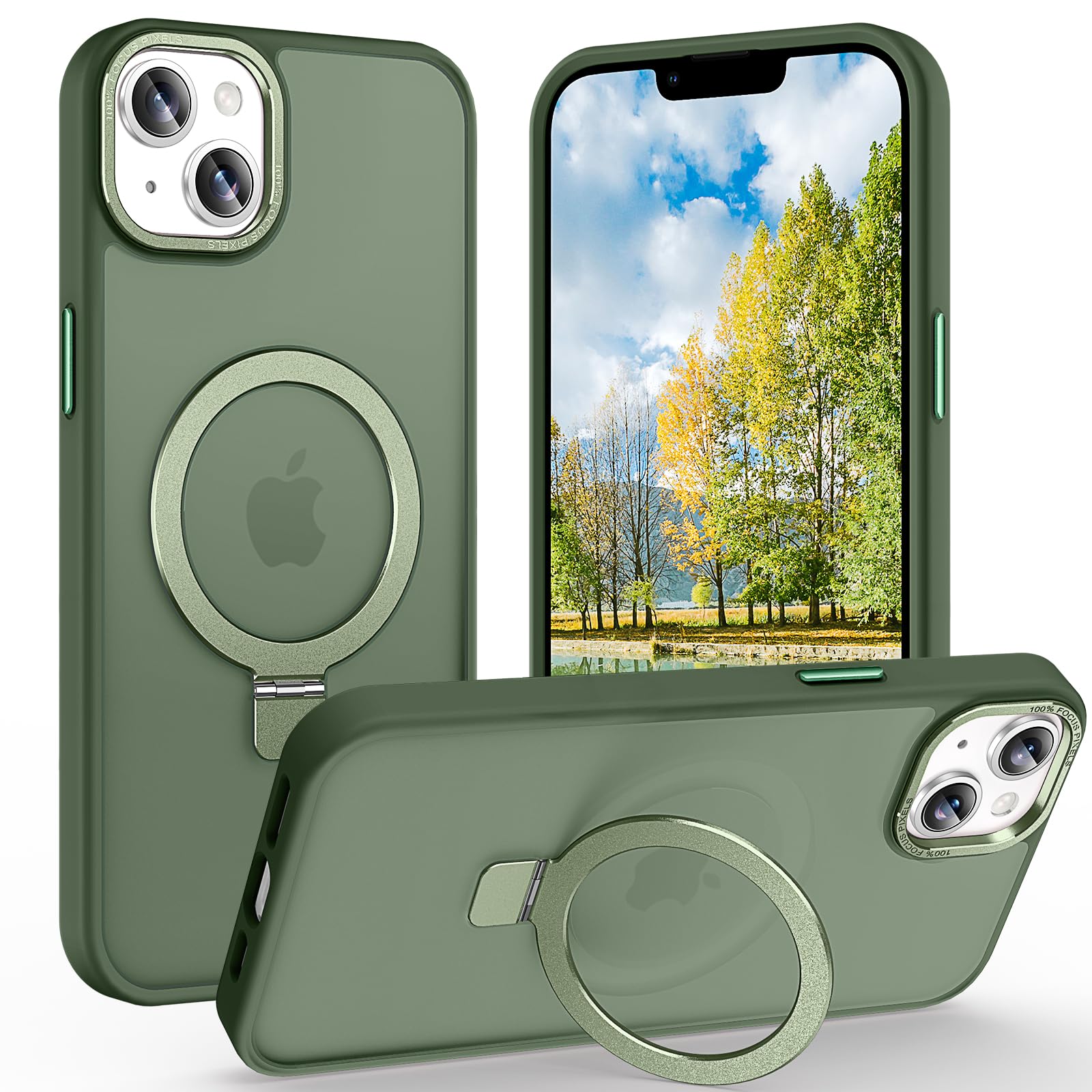 Photo 1 of Lufanbis Magnetic for iPhone 14 Case with Ring Stand, [10 FT Drop Protection] [Velvety Touch] Slim Translucent Matte Back Shockproof Phone Case for iPhone 14 6.1'', Midnight Green