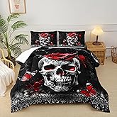 lneffble Gothic Skull Comforter Set Queen Size for Boys Girls,Skeleton Bone Spider Butterfly Print Horror Bedding Set,Sugar Skull Halloween Theme Comforter Set Red Black Bedding Set