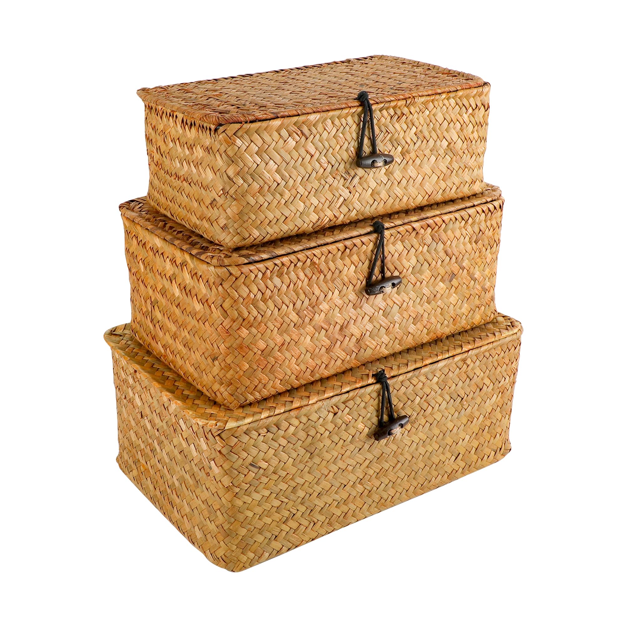 YKUKIZEE Set of 3 Rattan Woven Storage Basket with Lids Handmade, Large Wicker Storage Baskets with Lids, Rectangular Seagrass Storage Baskets with Lids for Home Bathroom Toilet Clothe(S+M+L)