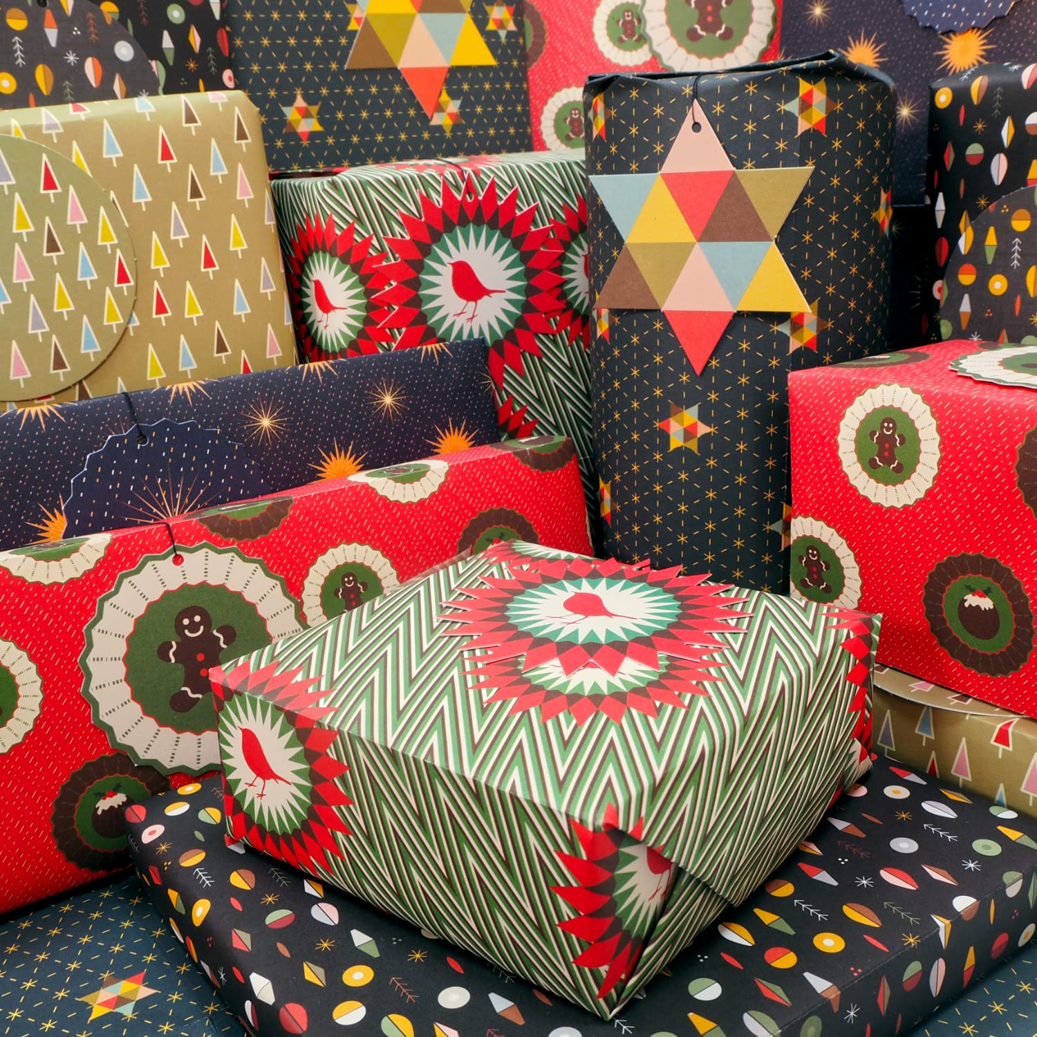 Bright Stem Recyclable Christmas Wrapping Paper Gift Wrap Folded Sheets and Tags Multipack Vintage Style Geometric Patterns and Tags, Made in the UK