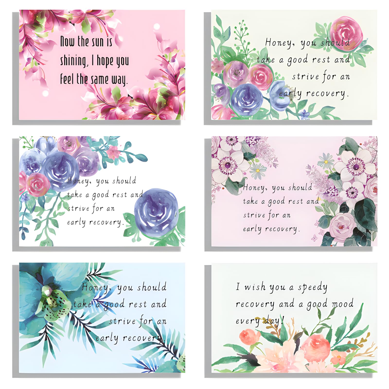 Get Well Soon Card Set with Envelope, 6 Mixed Colour Flower Speedy Recovery Cards, Heartfelt Greetings Wish, Encouragement Healing Gifts Get Well Soon Gifts for Men Wome