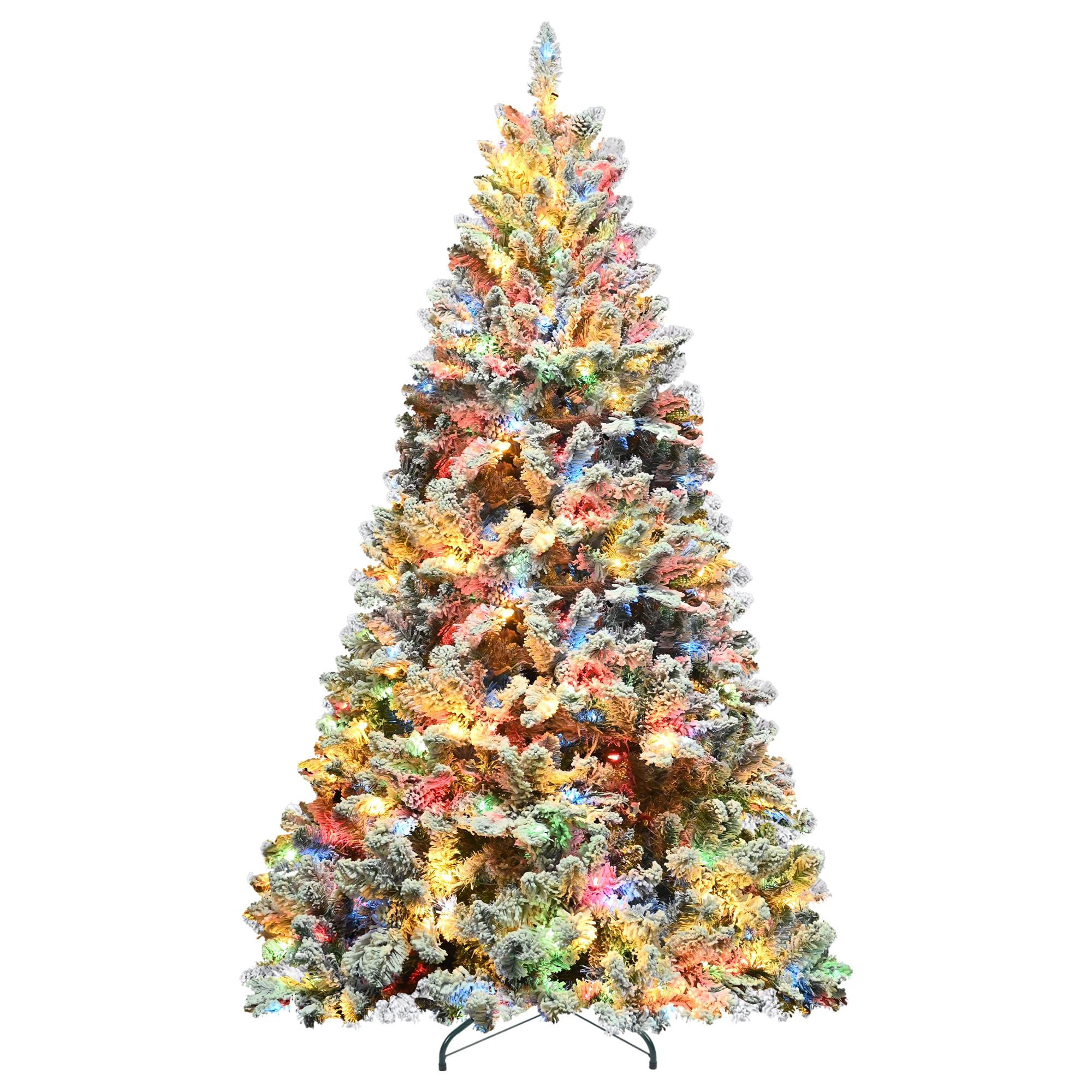 7FT Pre-Lit Christmas Tree with 500 Multicolor Lights, Realistic Snow Flocked Artificial Pine Trees with Pine Cones & Premium PVC, Sturdy Foldable Metal Stand, Easy Assembly Hinged Design