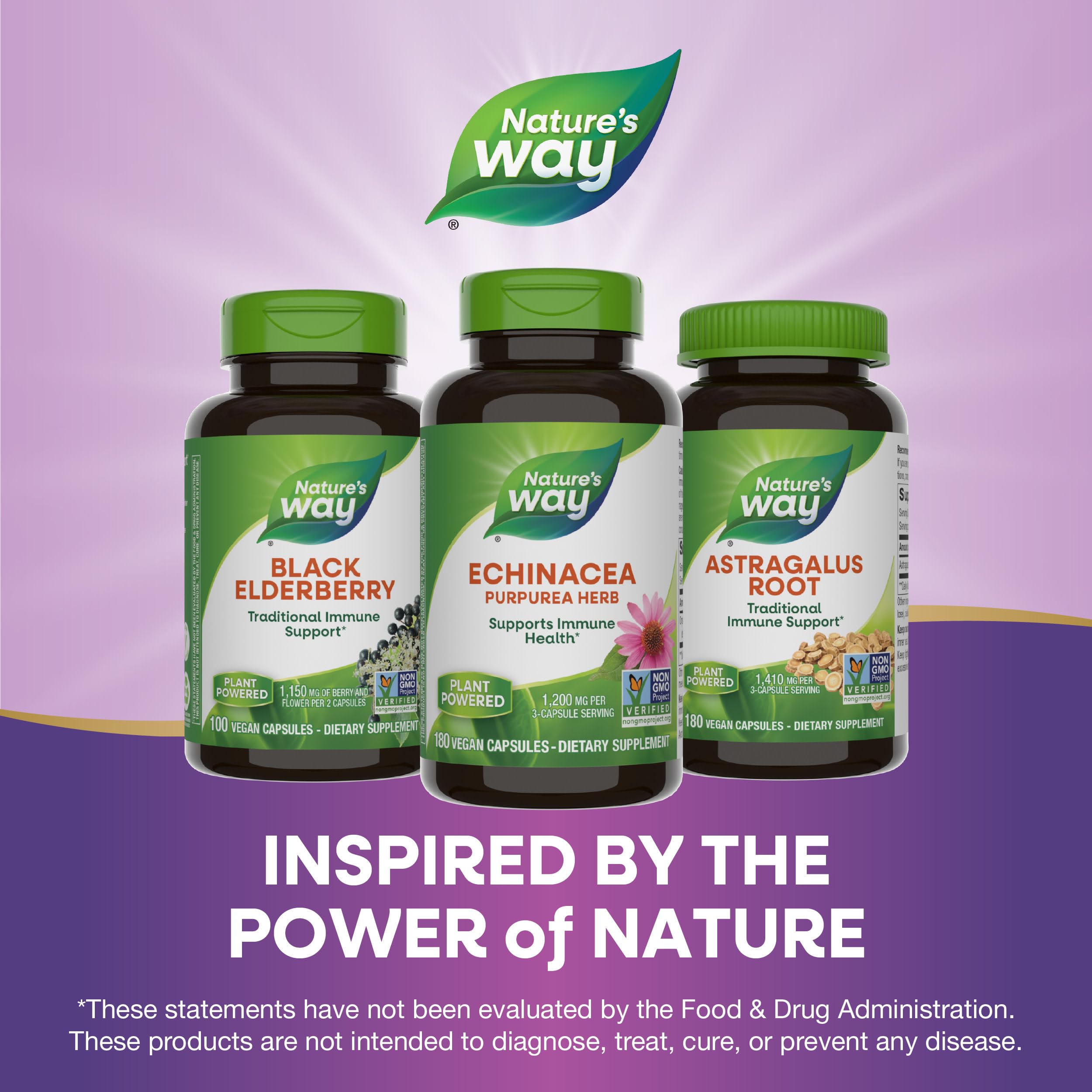 Nature's Way Echinacea Purpurea Herb, Immune Support Supplement*, 1200 mg per 3-capsule serving, Non-GMO Project Verified, Vegan, 180 Capsules