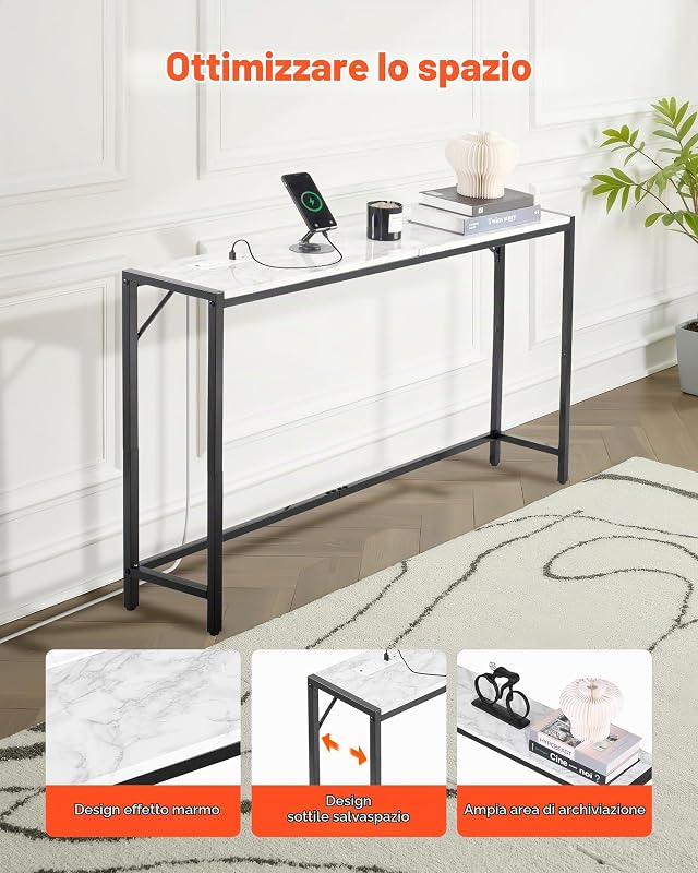Tavolo Consolle in Marmo 110 x 23,9 x 74,2 cm Tavolino da Corridoio Ingresso Stretto e Lungo con Presa di Corrente, con Tubi in Ferro e Supporto Triangolare per Soggiorno, Corridoio, Ingresso