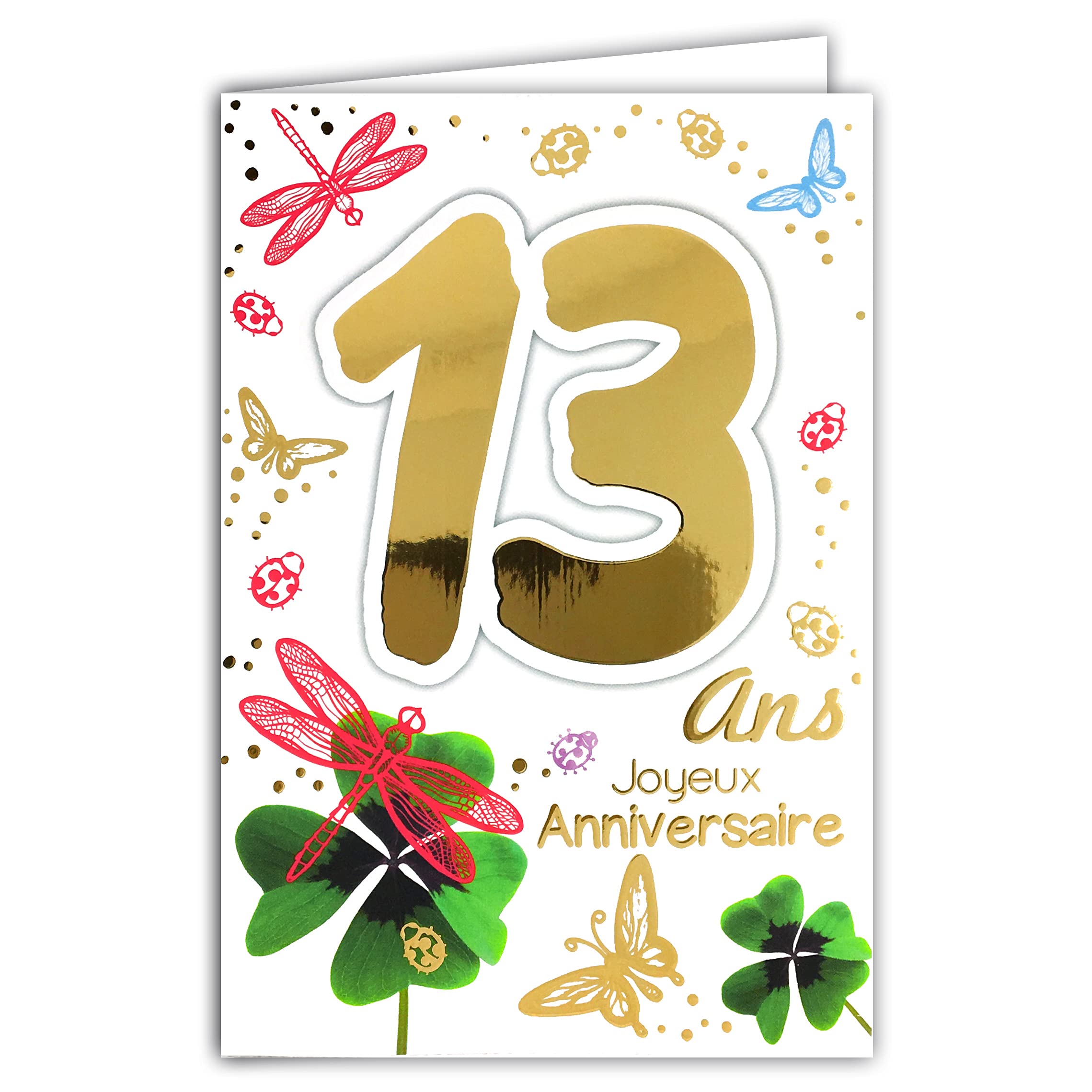 Afie 13th Birthday Card Gold Shiny Teen Boys Girls Four Leaf Clover Lucky Ladybird Lucky Charm 69-2113