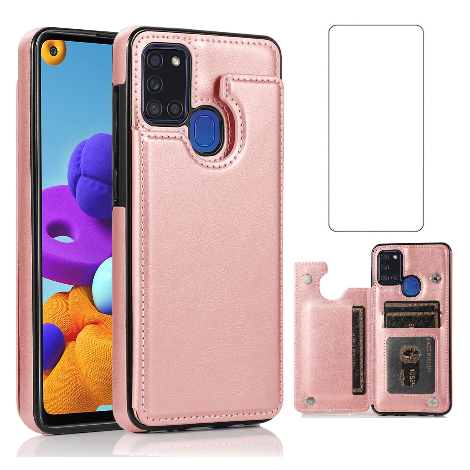 Asuwish Compatible with Samsung Galaxy A21S Wallet Case Tempered Glass Screen Protector Card Holder Cover Stand Flip Cell Accessories Phone Cases for Glaxay Galaxies A 21S a21scase Women Men Rose Gold