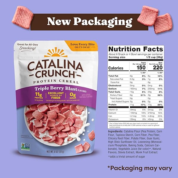 CATALINA CRUNCH PROTEIN CEREAL – SUGAR FREE BREAKFAST CEREAL WITH 11G OF PROTEIN – GLUTEN FREE – TRIPLE BERRY BLAST – 8 OZ. BAG (PACK OF 1), PACKAGING MAY VARY