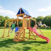 Wooden Playgroud Sets for Backyards, Outdoor Swing Set with Monkey Bars | Outdoor Playset with Wave Slide, 2 Belt Swings, Rock Climbing Ladder, Play Deck with Canopy for Age 3-6