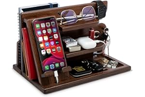 TESLYAR Wood Phone Docking Station for Men - Desktop or Nightstand Organizer - Birthday gifts for Men or Dad - Anniversary Idea from Wife - Key Holders, for Wallet, Watch & Essentials (Chestnut Brown)