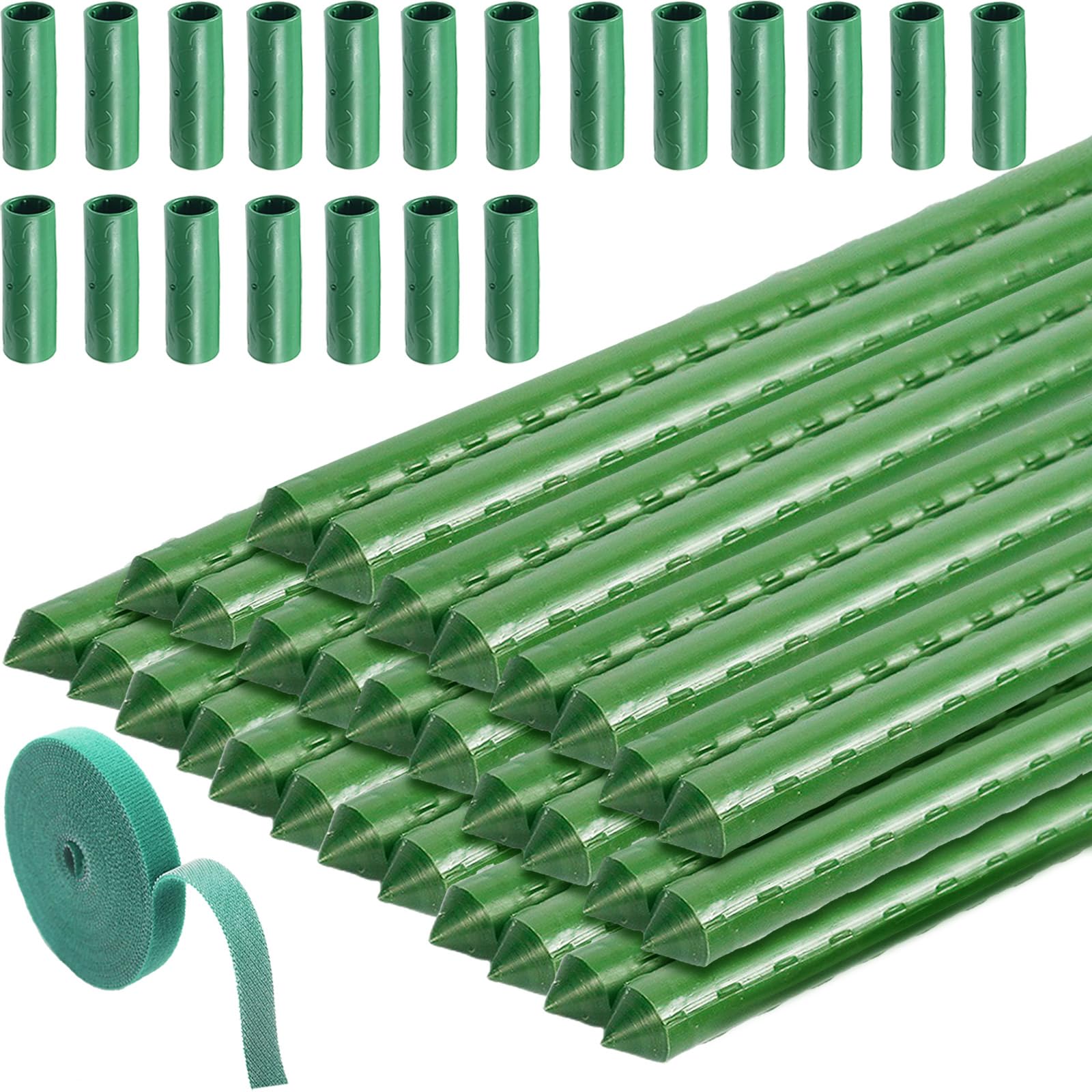 Green Garden Plant Stakes, 30Pcs Garden Canes Plastic Coated Steel Tube Garden Stakes, Plant Support Sticks with 20 Connector and 1 Plant Ties, Vine Support Stakes for Flowers Vegetable, 11mm x 40cm