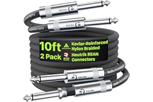 AA AUDIO ACCESSORY Guitar Cable 10 ft 2 Pack, Nylon Braided Anti-Kinking Kevlar-Reinforced, Neutrik REAN Connector, 20AWG 99.99% OFC 1/4 Instrument Cable, Shielded Amp Cord for Fender Electric Guitar