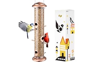 iBorn Metal Bird Feeders Brushed Copper Wild Bird Feeder for Outdoors Hanging All Metal Brushed Copper Finishing 15 Inch 6 Po