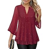 VALOLIA Womens Tops 3/4 Sleeve Sparkly Blouses Dressy Casual Elegant Flowy Double Layers Mesh Shirts