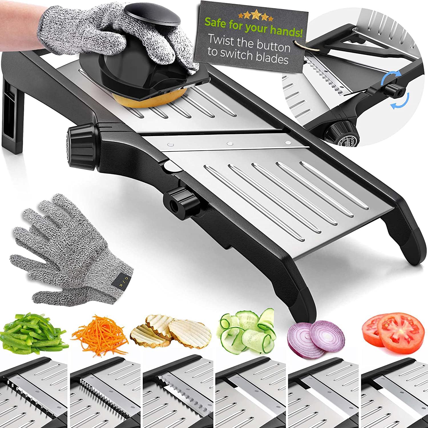Photo 1 of Gramercy Adjustable Mandoline Slicer for Kitchen, Potato Cutter, Vegetable Chopper, Mandolin, Cucumber Slicer- INCLUDING one Pair Cut-Resistant Gloves and Waffle Fry Cutter