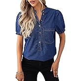 Womens Denim Shirt Casual Button Down V Neck Blouses Puff Short Sleeve Summer Jean Tops