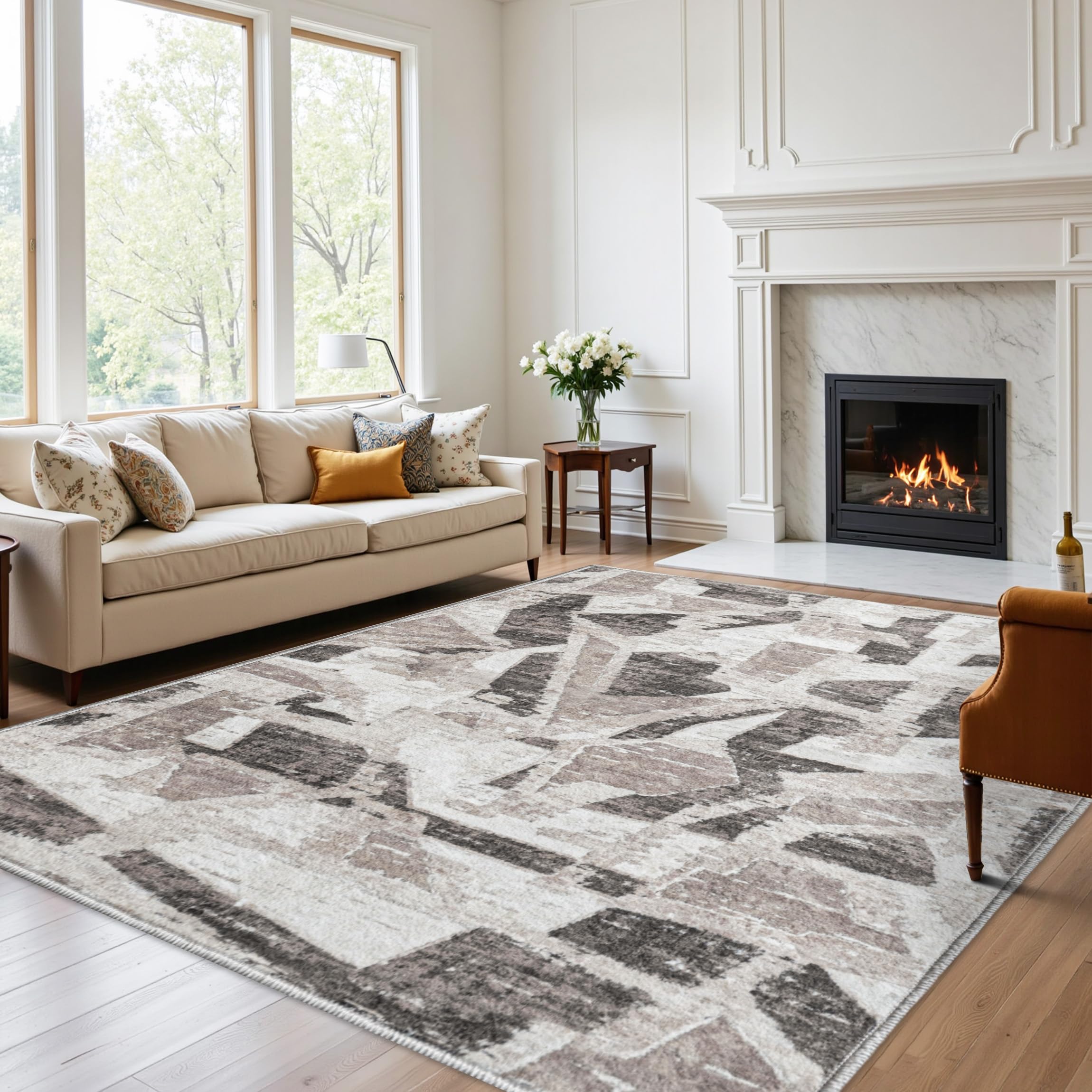 Photo 1 of 8X10 Area Rugs for Living Room Bedroom,Modern Abstract Large Carpet Washable Rugs 8x10 for Dining Room Office,Non Slip Gray Print Faux Wool Thin 8 by 10 Indoor Nursery Kids Home Pet & Child Friendly