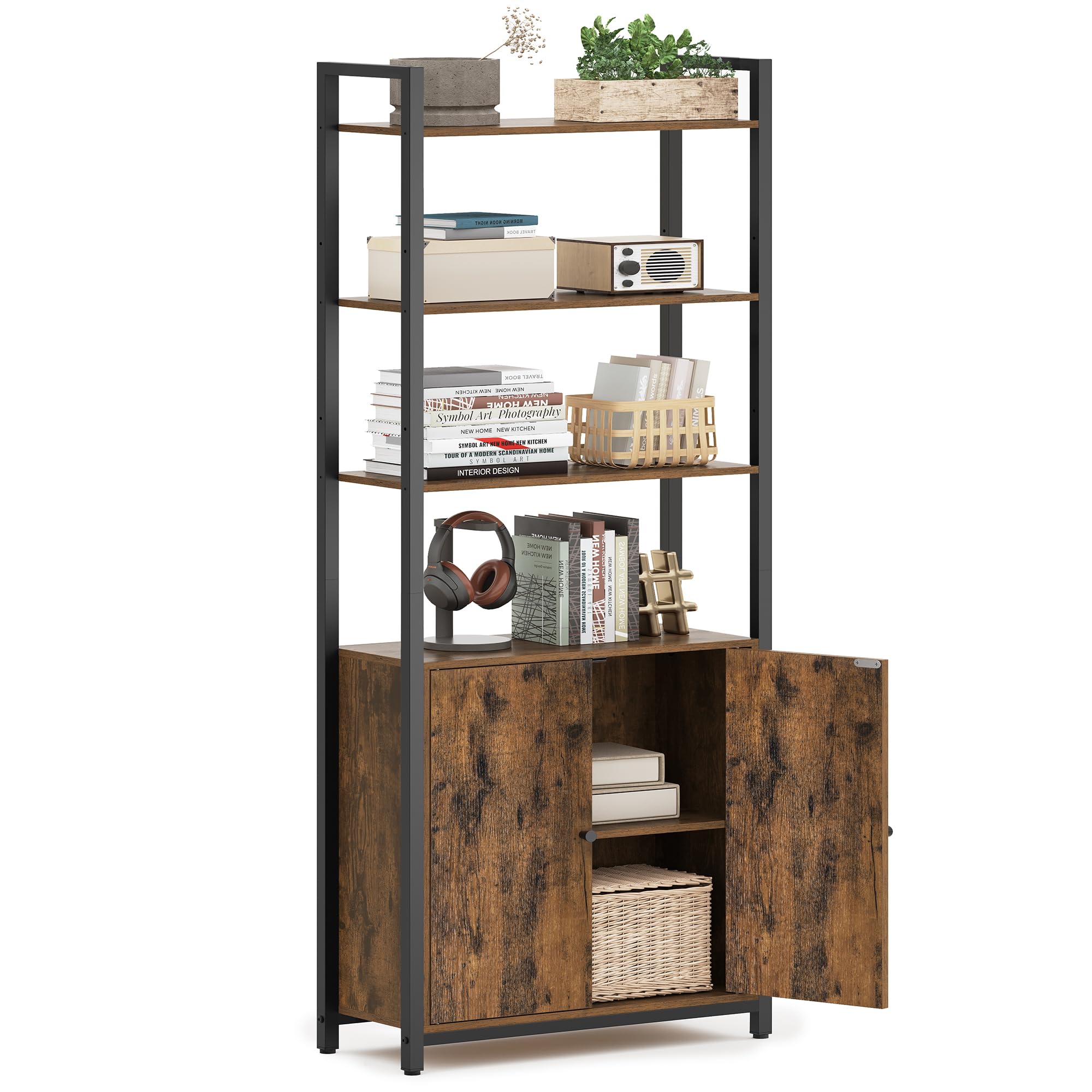 VASAGLE 6-Tier Bookshelf, Tall Bookcase with Cabinet, Steel Frame, Adjustable Shelves, 9.4 x 23.6 x 62.8 Inches, Living Room Bedroom, Rustic Brown and Ink Black ULLS133K01