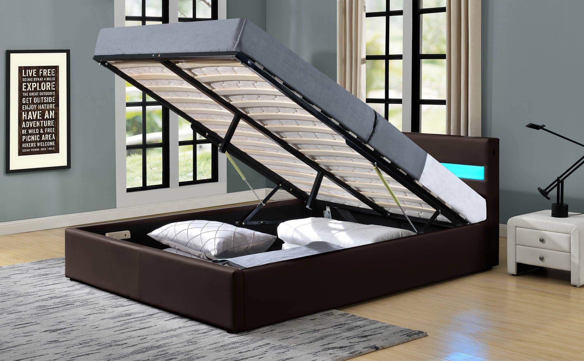 Romero LED Music Bed with Bluetooth - Speakers - Ottoman Gas Lift Storage - Faux Leather - Remote Control LEDs (Double 4ft6, Brown)