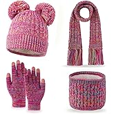 4PCS Kids Winter Hat Gloves Scarf Set, Girls Toddler Beanie with Pom Knit Neck Warmer & Touchscreen Gloves for Girls Boys