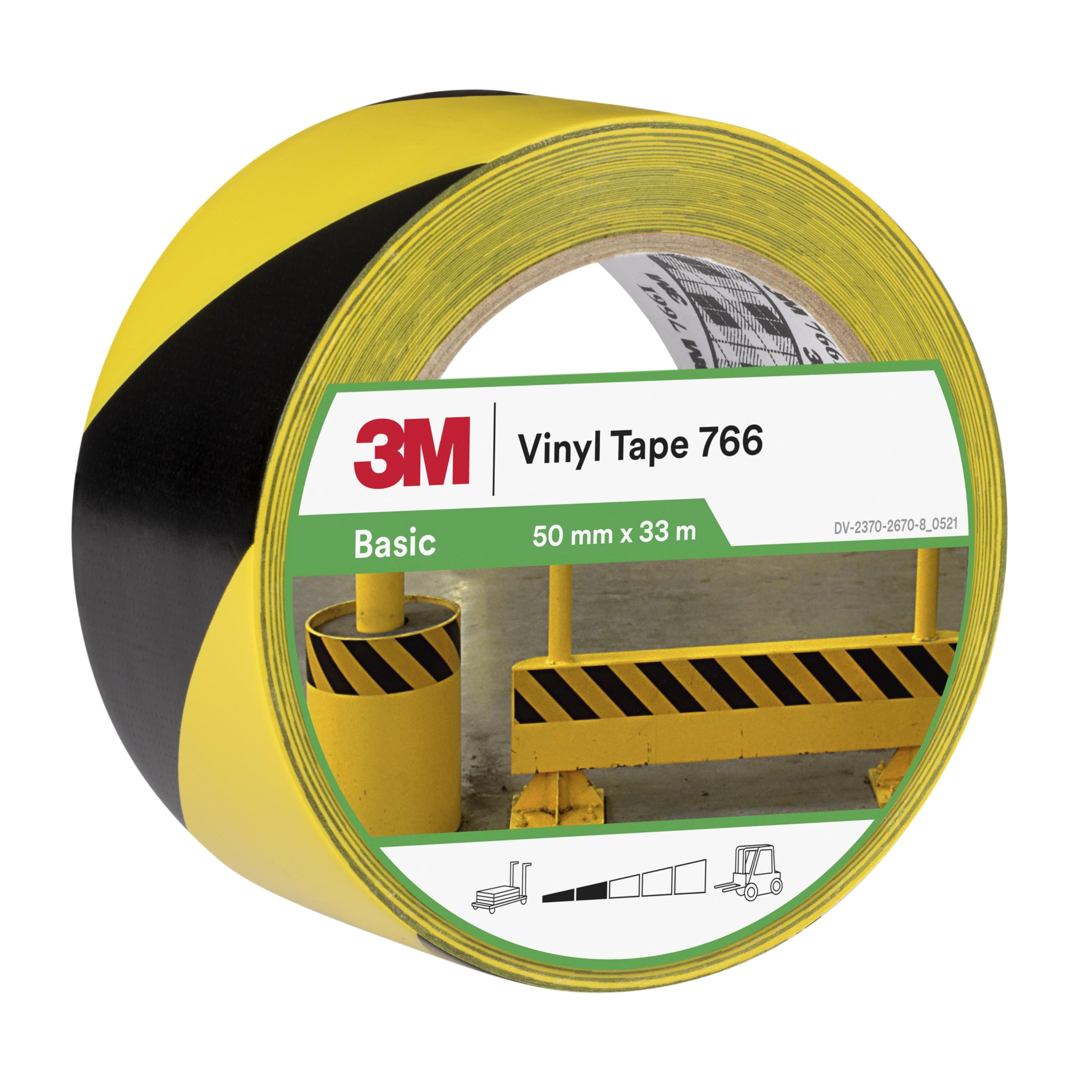 3M Hazard Marking Vinyl Tape 766i, 50 mm x 33 m, Yellow and Black