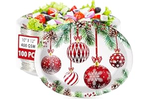 Grencian 100Pcs Christmas Oval Paper Plates 10" x 12" Large Disposable Heavy Duty Red Xmas Balls Plates Pine Cones Holly Berry Red Christmas Balls Dessert Platters for Winter Holiday Party Supplies
