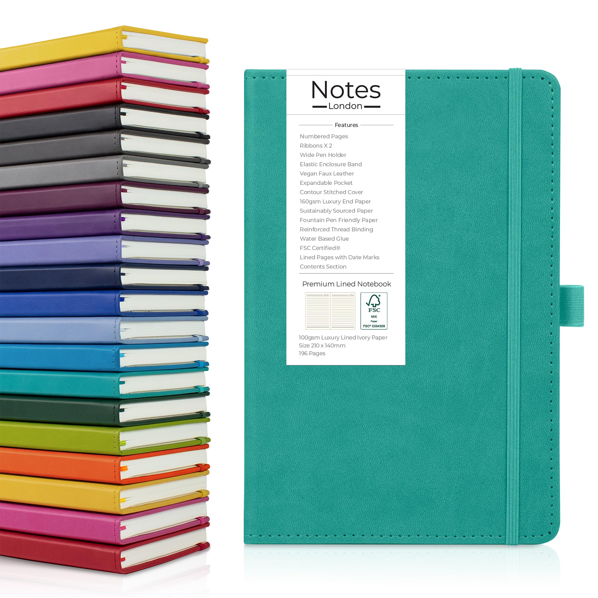 Notes London Luxury Italian style A5 Notebook with Stitched Hardcover, 100gsm Lined Numbered & Date Marked Pages, 2x Ribbons, Pen Loop, Contents Page, Paper Pocket, Medium Journal, Sustainable (Teal)
