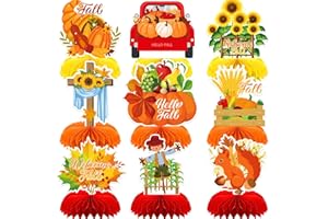 HAOLONGFA Fall Table Decorations - 9Pcs Fall Honeycomb Centerpieces for Tables with Pumpkins, Sunflowers, Scarecrow, Squirrel for Thanksgiving Dinner, Autumn Harvest Festival, Rustic Fall Party Decorations
