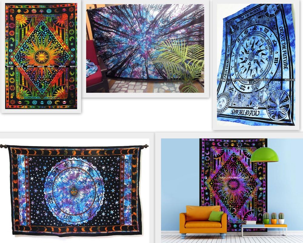 FUTURE HANDMADE Wholesale 5 Twin Tapestry Wholesale Indian Printed Tapestries Mandala Tapestry Wall Hangings Wall Tapestry Jungle Psychedelic Astrology Zodiac Signs Sun Moon Stars Cotton Bedspread