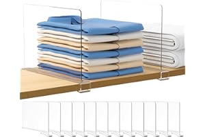 Vorey 12 Pcs Acrylic Shelf Dividers for Closet Organization, Clear Closet Shelf Divider for Wooden Shelving, Suitable for Sweater, Shirts, Handbags in Bedroom and Kitchen