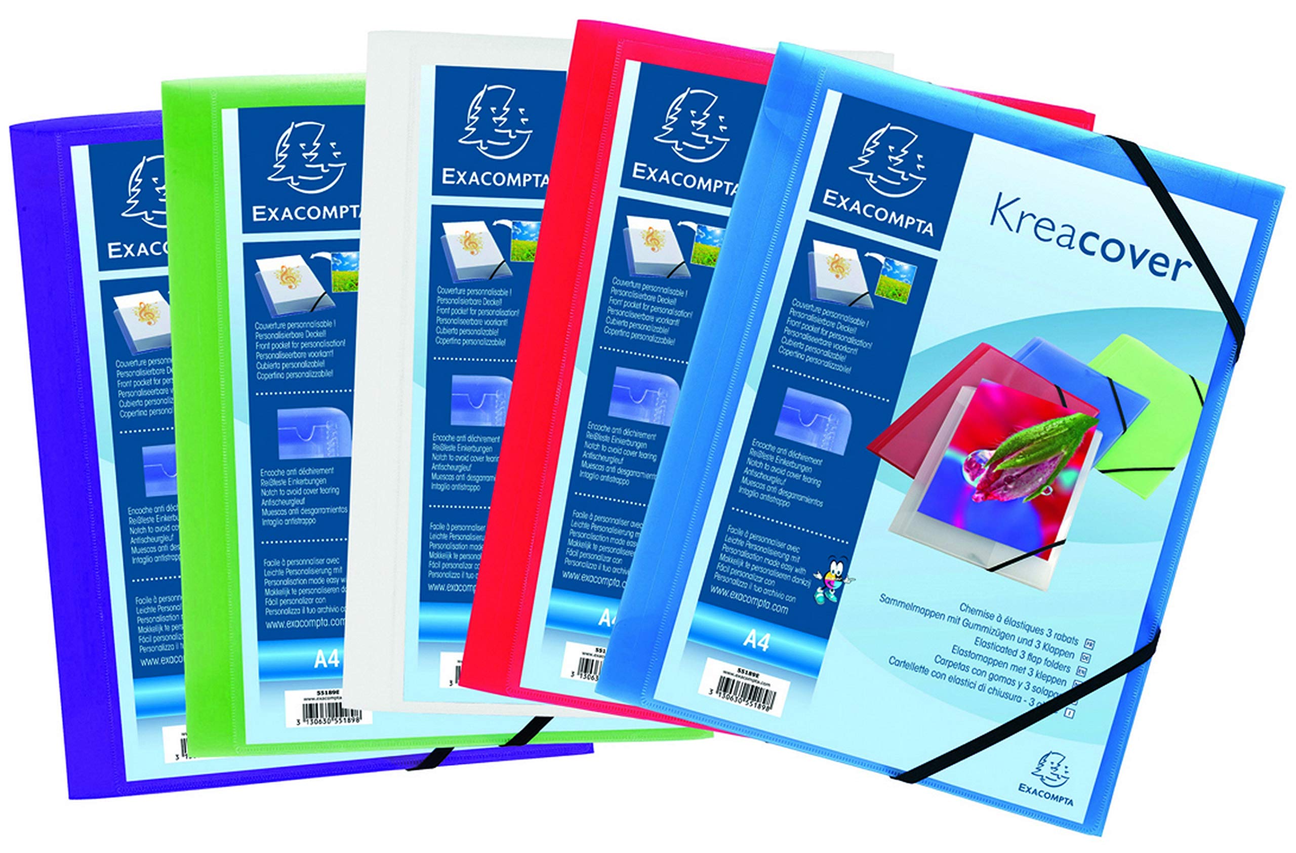 Exacompta - Ref 55189E - Kreacover Collection - Collection - Customisable PP Elastic Flap Folders - Suitable for A4 Documents, Translucent Polypropylene - Assorted Colours (Pack of 5)