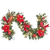 FairyLee Christmas Garland with 20 LED Lights, 6ft Pre Lit Xmas Garland with Artificial Flowers Pinecones Ball Ornaments, Battery Operated Christmas Lighted Garlands for Mantle Fireplace Stairs